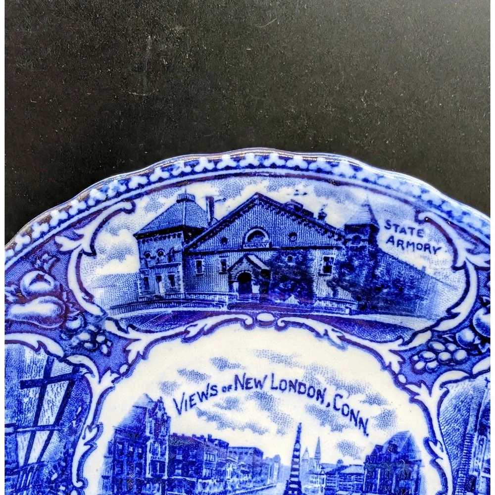 Antique Flow Blue Views of New London Conn Souvenir Plate England Transferware
